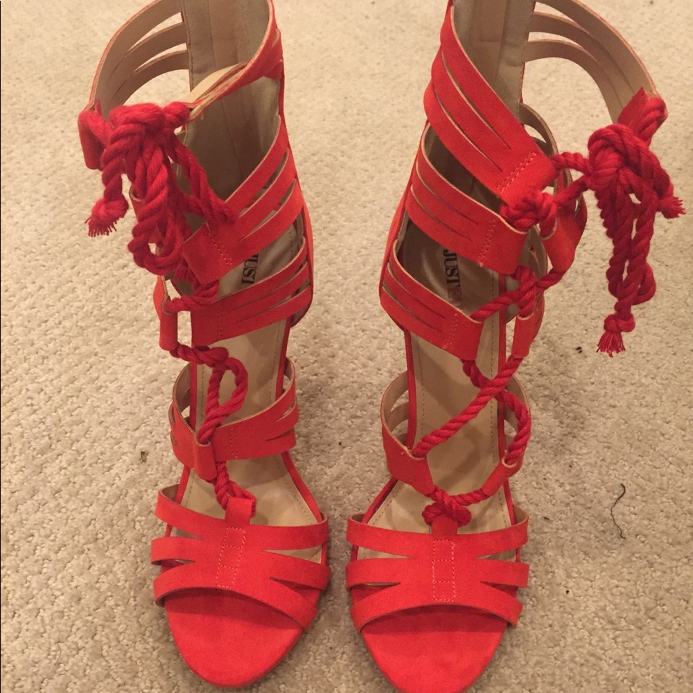 Just fab orange/red lace up cage sandal